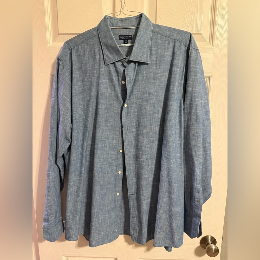 Peter Millar Crown Crafted Chambray Shirt, Light Blue, XXL, EUC